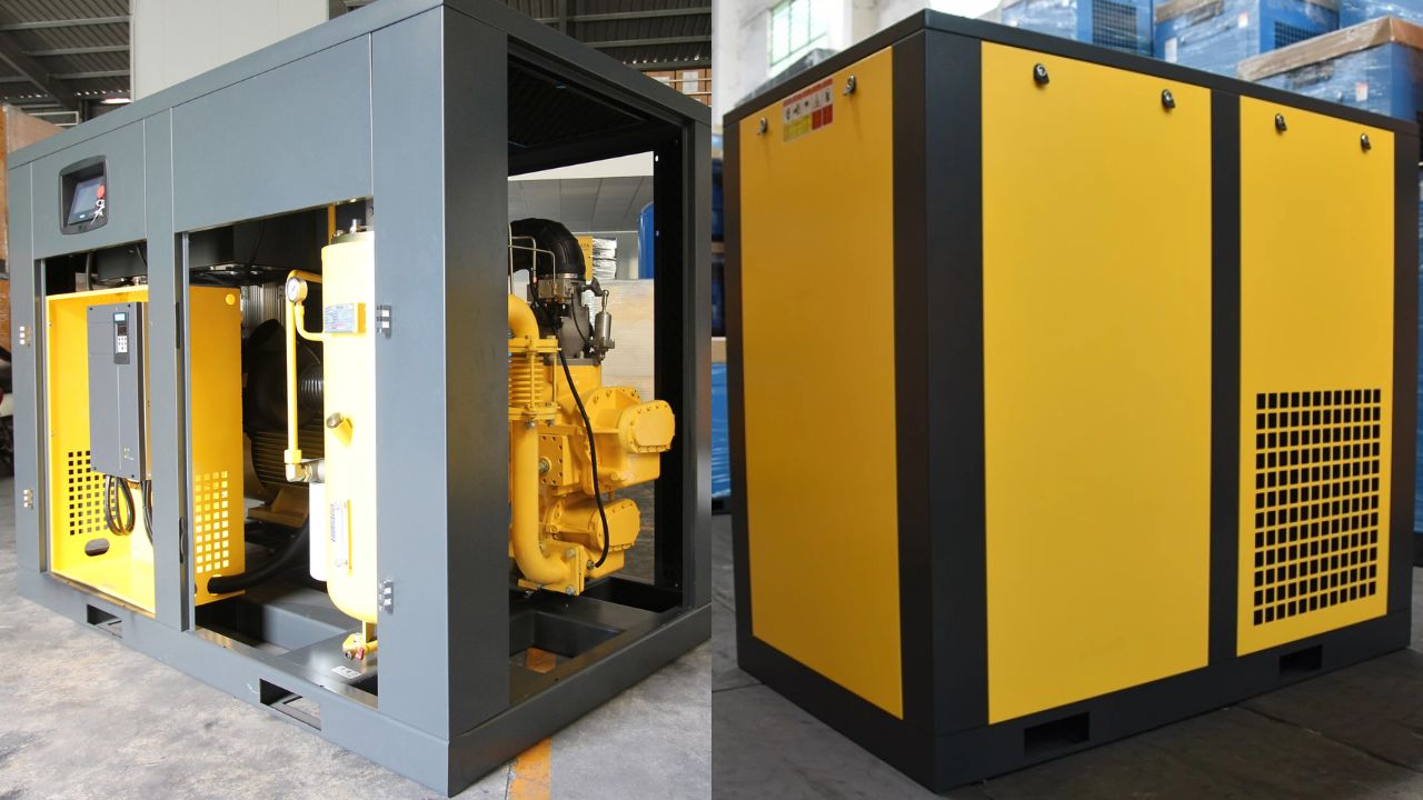 Máy nén khí hai cấp trang bị bộ điều chỉnh, kiểm soát áp suất hiệu quả.